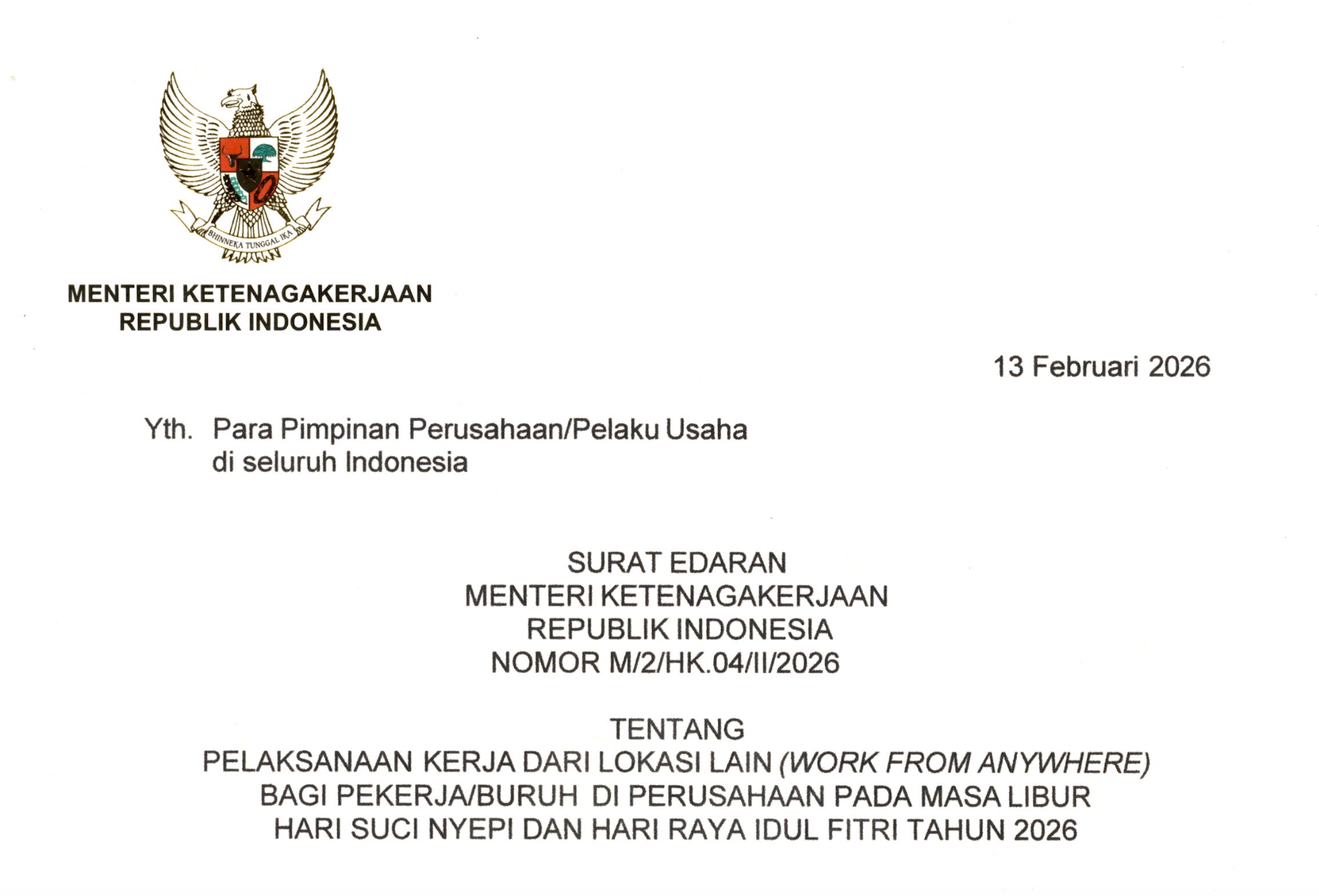 Menaker Resmi Terbitkan Aturan WFA Saat Libur Nyepi dan Idulfitri 2026